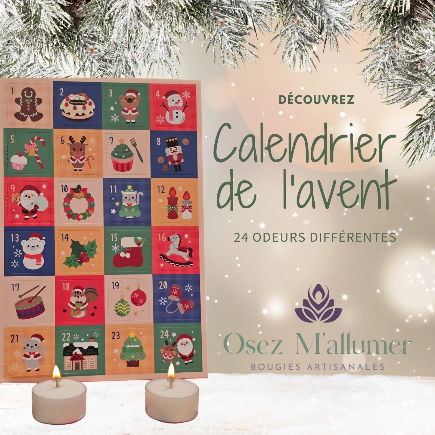 Calendrier de l'avent 
24 odeurs différentes 
Total de 85 heures de combustion 